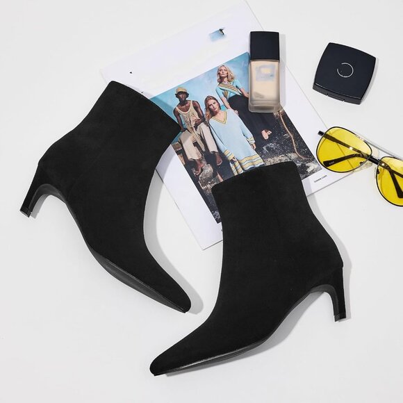 Women's Suede Black Pointed Toe Ankle Boots Side Zipper Low Kitten Heel Booties - Picture 5 of 6